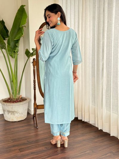 Odette Blue Viscose chanderi Embroidered Stitched Kurta Set For Women