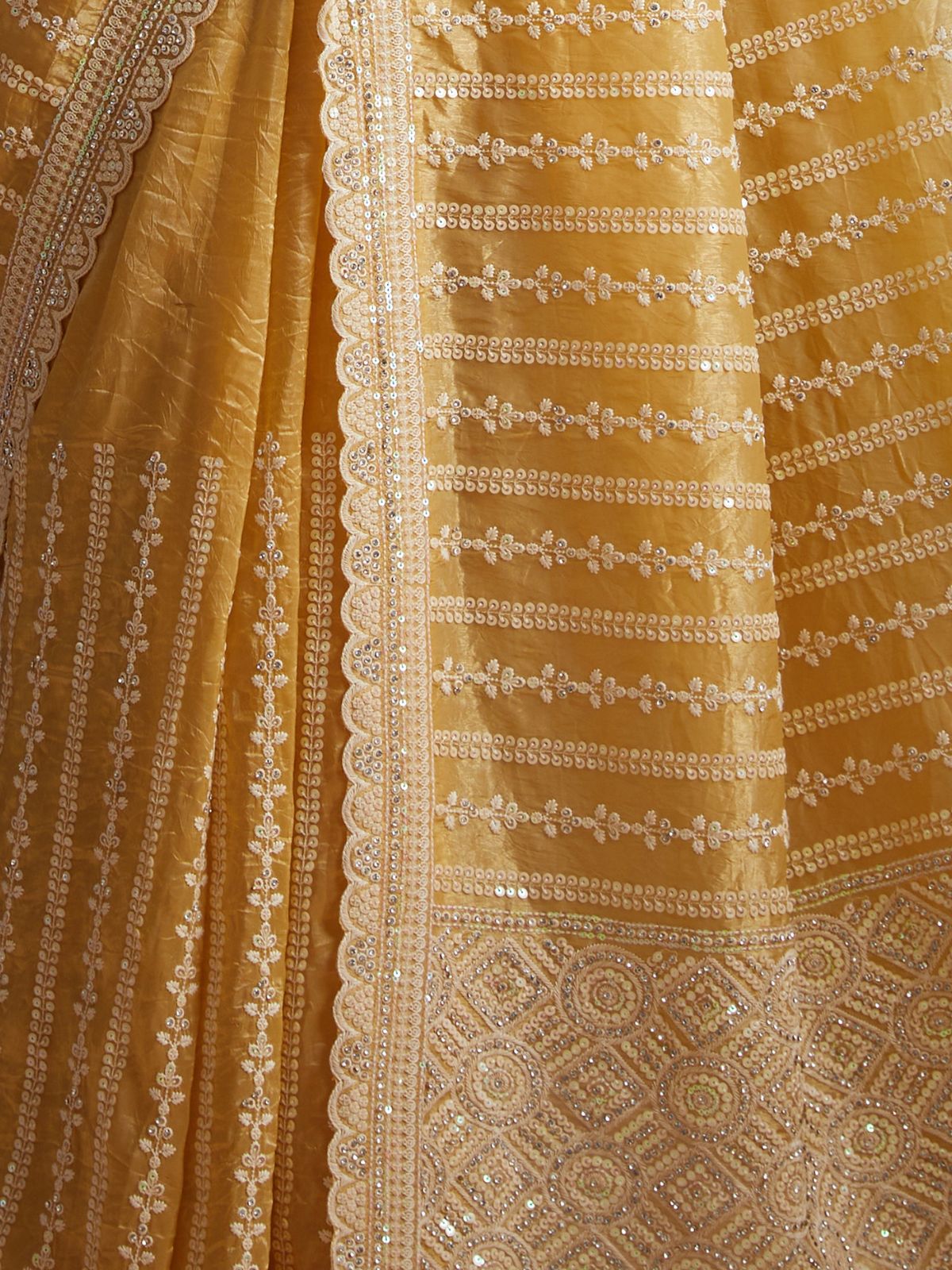 Odette Mustard Organza Embellished Saree For Women