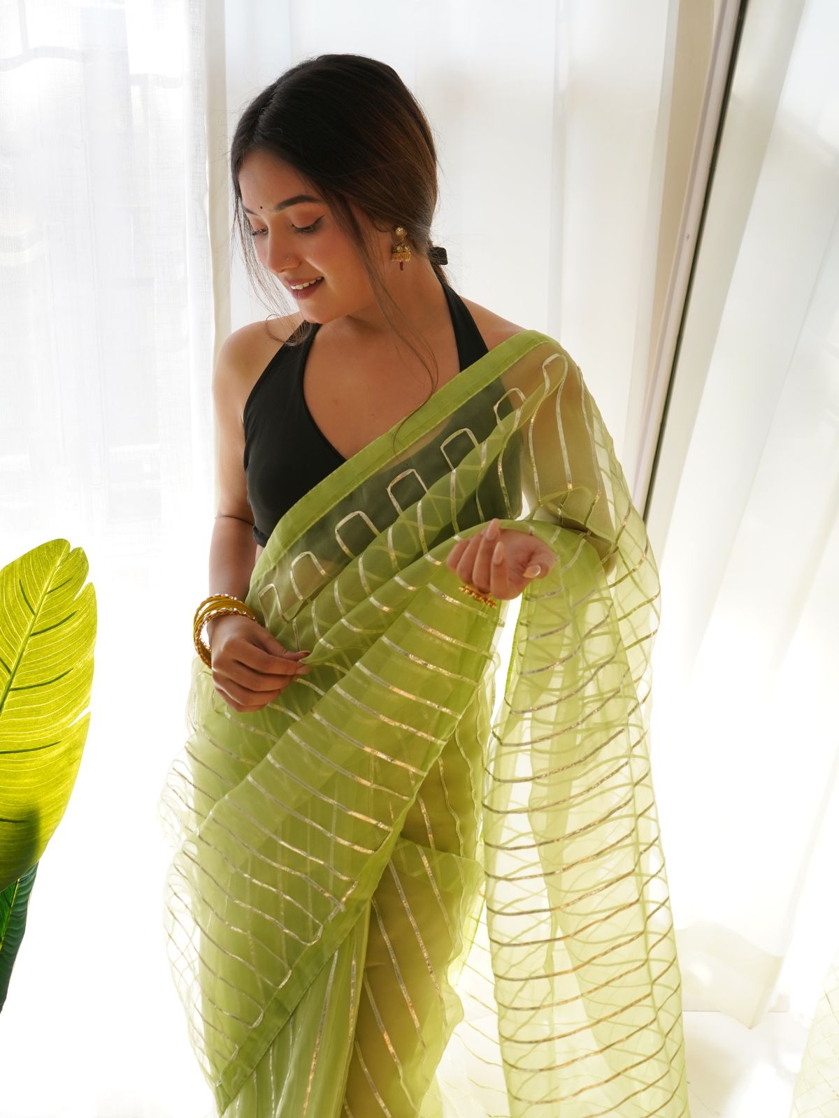 Odette Light Green Organza Lace Work Saree With Unstitched Blouse For Women