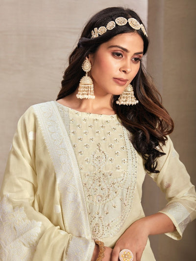 Odette Beige Organza Embroidered Semi-Stitched Kurta Set For Women