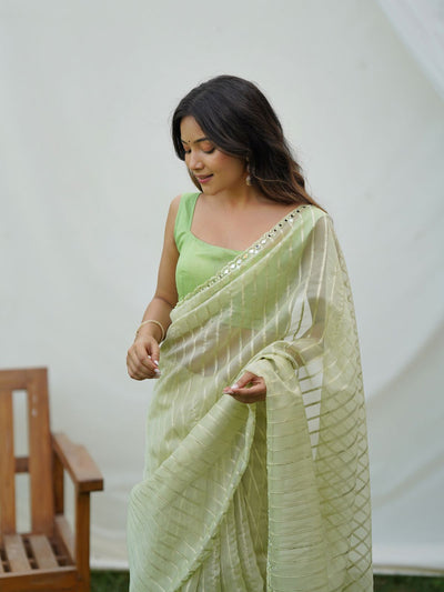 Odette Light Green Organza Mirror Work Saree With Unstitched Blouse For Women