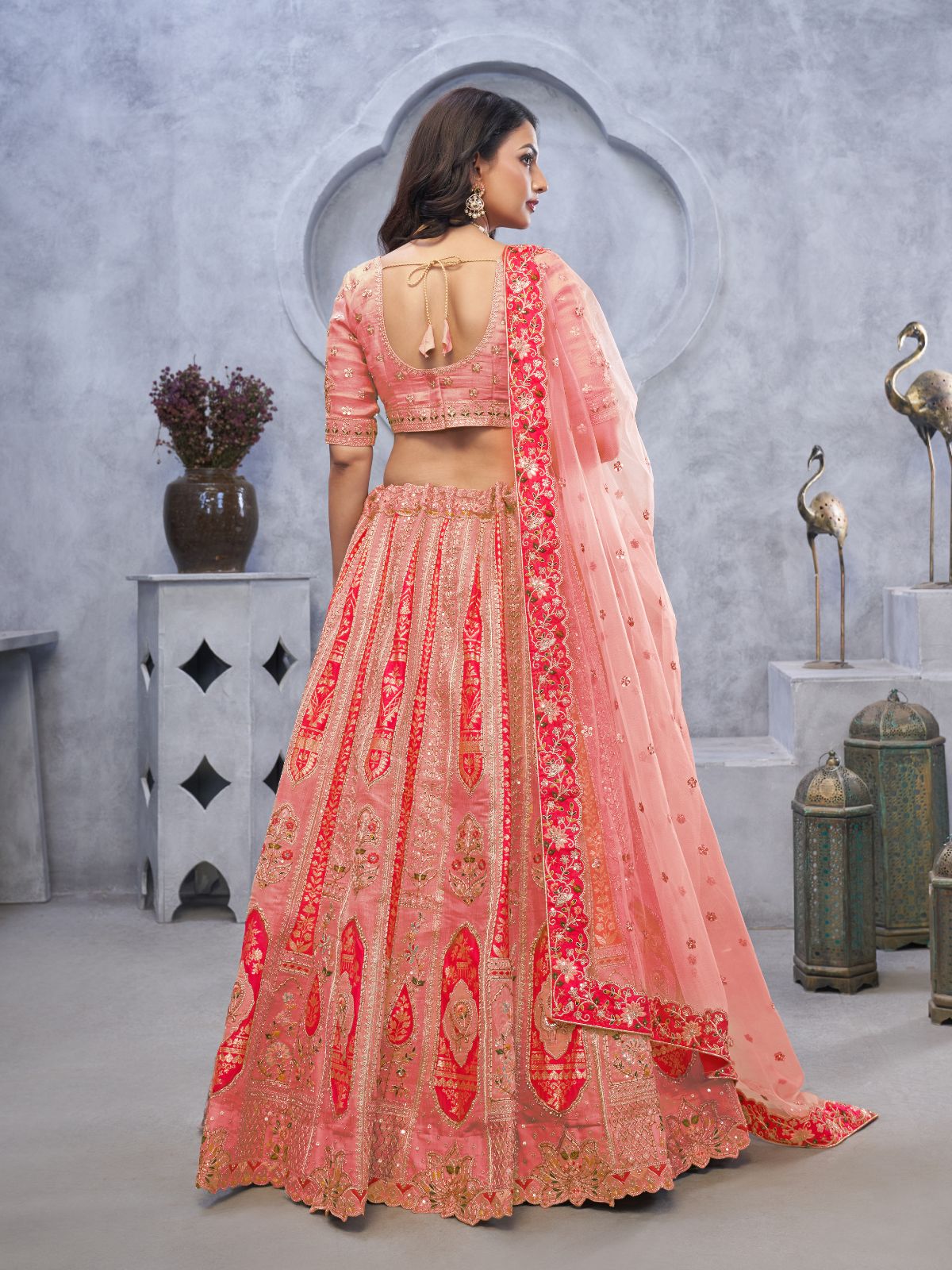 Odette Pink Organza Embellished Semi-Stitched Lehenga With Unstitched Blouse For Women