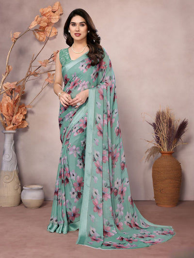 Odette Teal Satin Printed Saree With Unstitched Blouse For Women