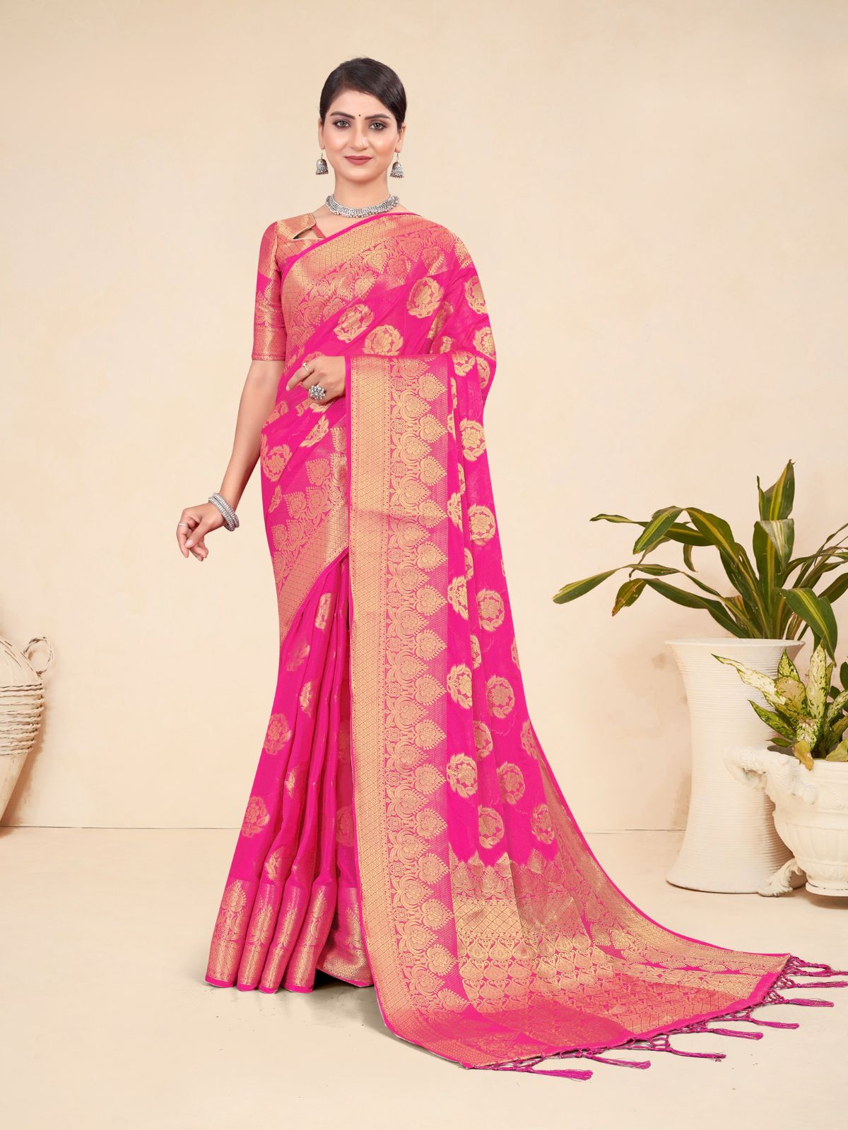 Odette Pink Viscose  Woven Saree With Unstitched Blouse For Women