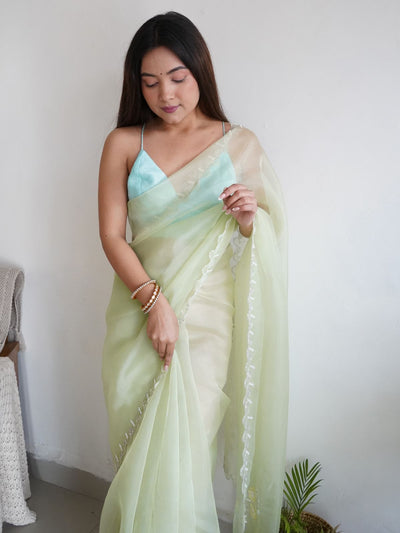 Odette Light Green Organza Embroidered Saree With Unstitched Blouse For Women