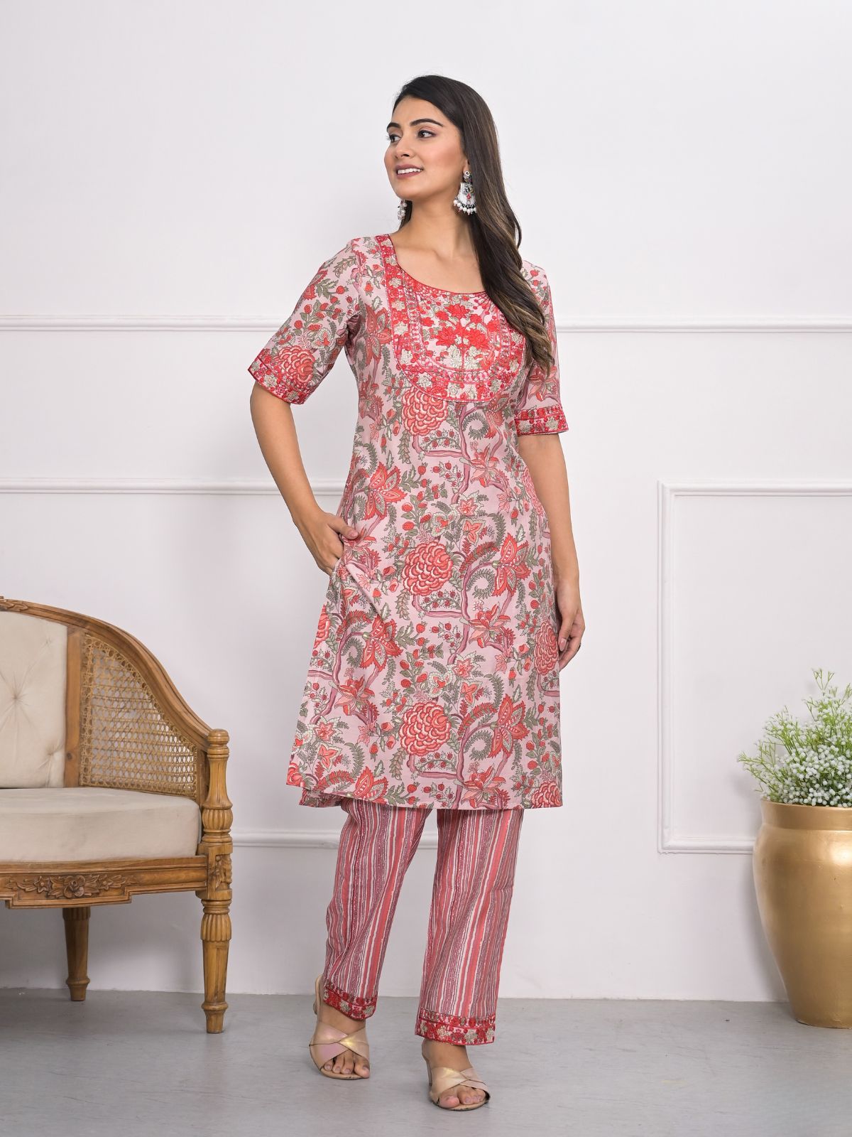 Odette Pink Chanderi Embroidered And Printed Stitched Kurta Set Without Dupatta For Women