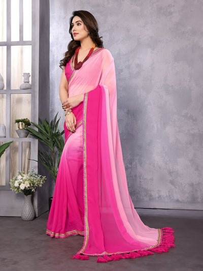 Odette Pink Georgette Lace Work Saree With Unstitched Blouse For Women