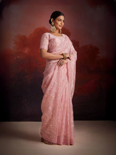 Odette Pink Organza Embellished Saree For Women