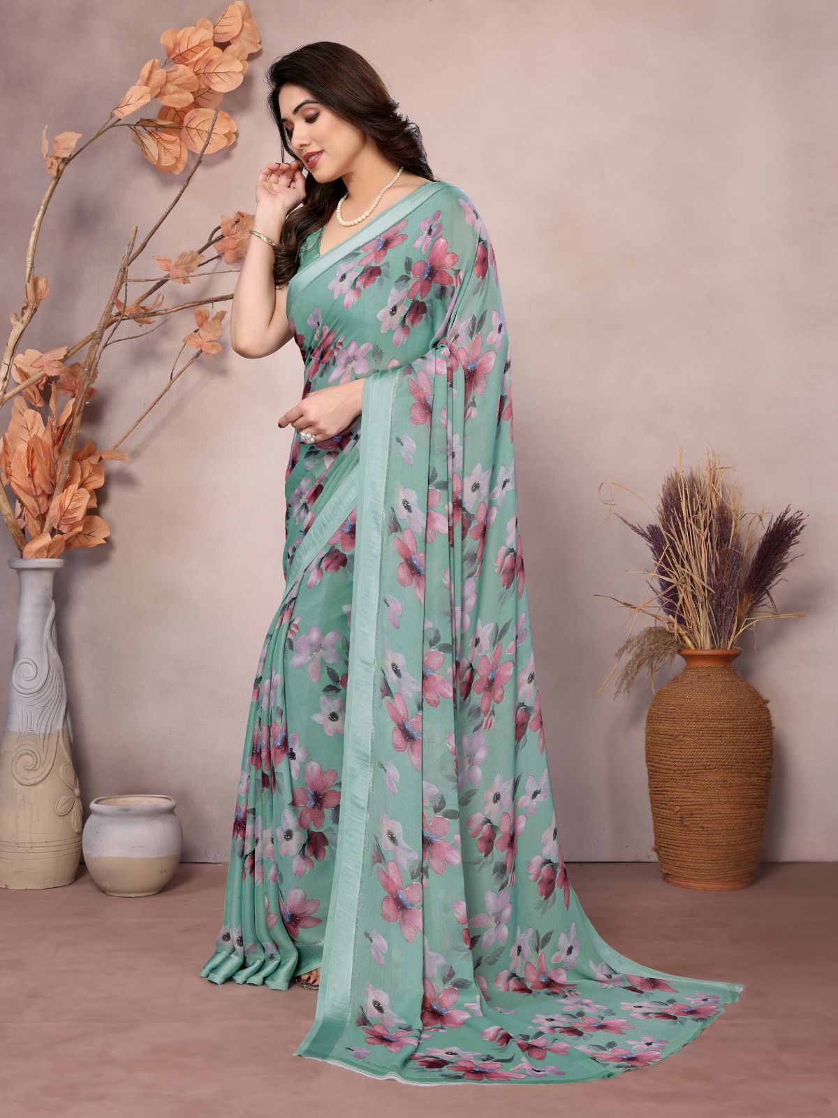 Odette Teal Satin Printed Saree With Unstitched Blouse For Women