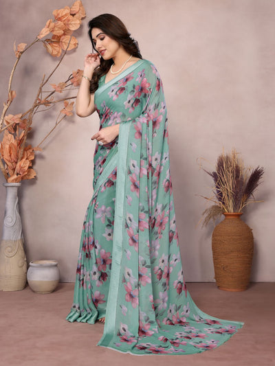 Odette Teal Satin Printed Saree With Unstitched Blouse For Women