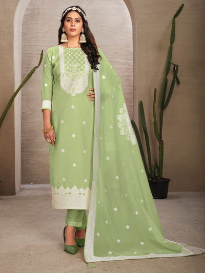 Odette Green Organza Embroidered Semi-Stitched Kurta Set For Women