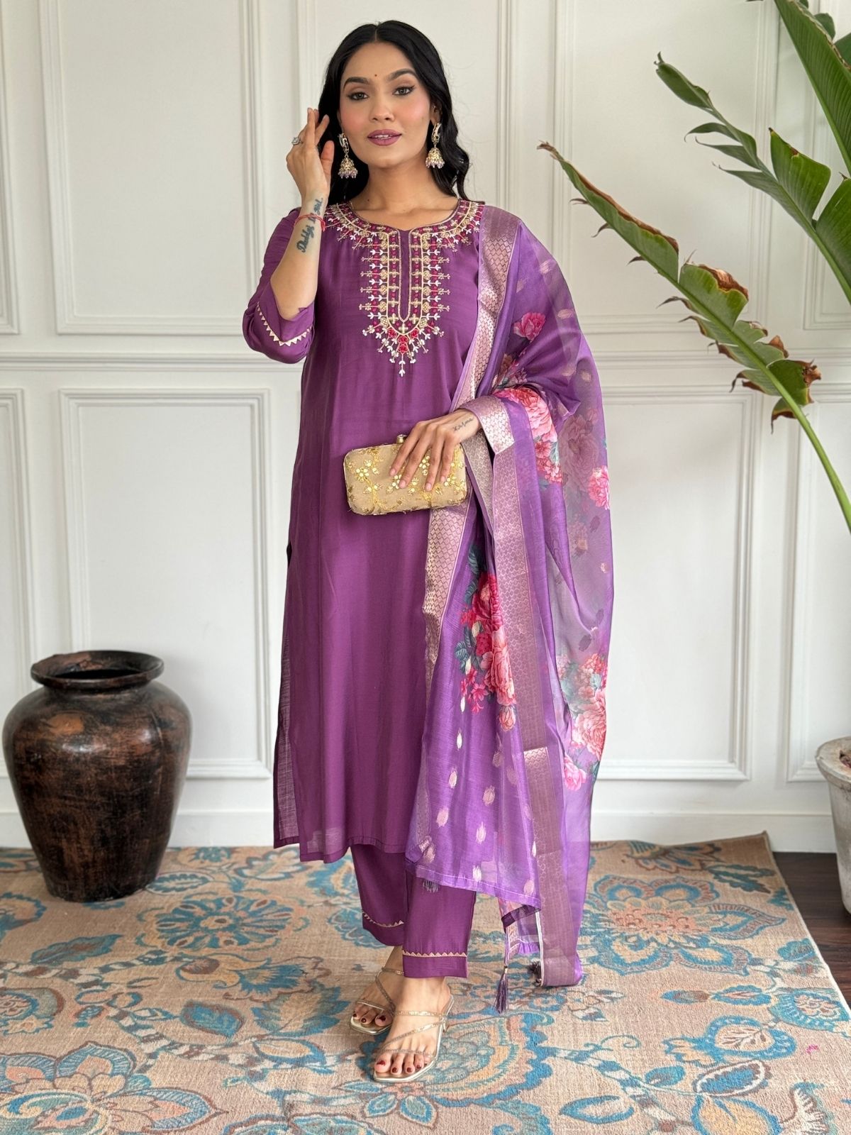 Odette Purple Viscose chanderi Embroidered Stitched Kurta Set For Women