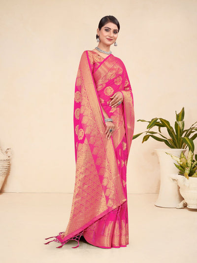 Odette Pink Viscose  Woven Saree With Unstitched Blouse For Women