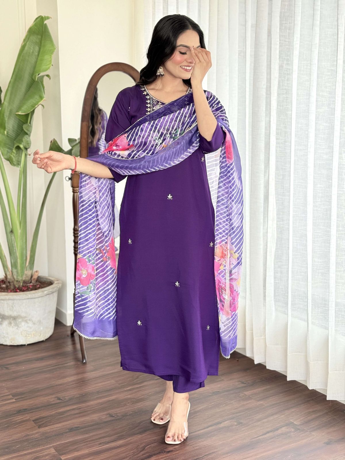 Odette Navy Blue Viscose Embroidered Stitched Kurta Set For Women