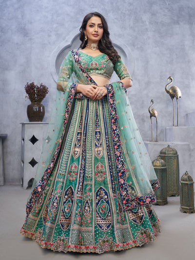 Odette Green Organza Embellished Semi-Stitched Lehenga With Unstitched Blouse For Women