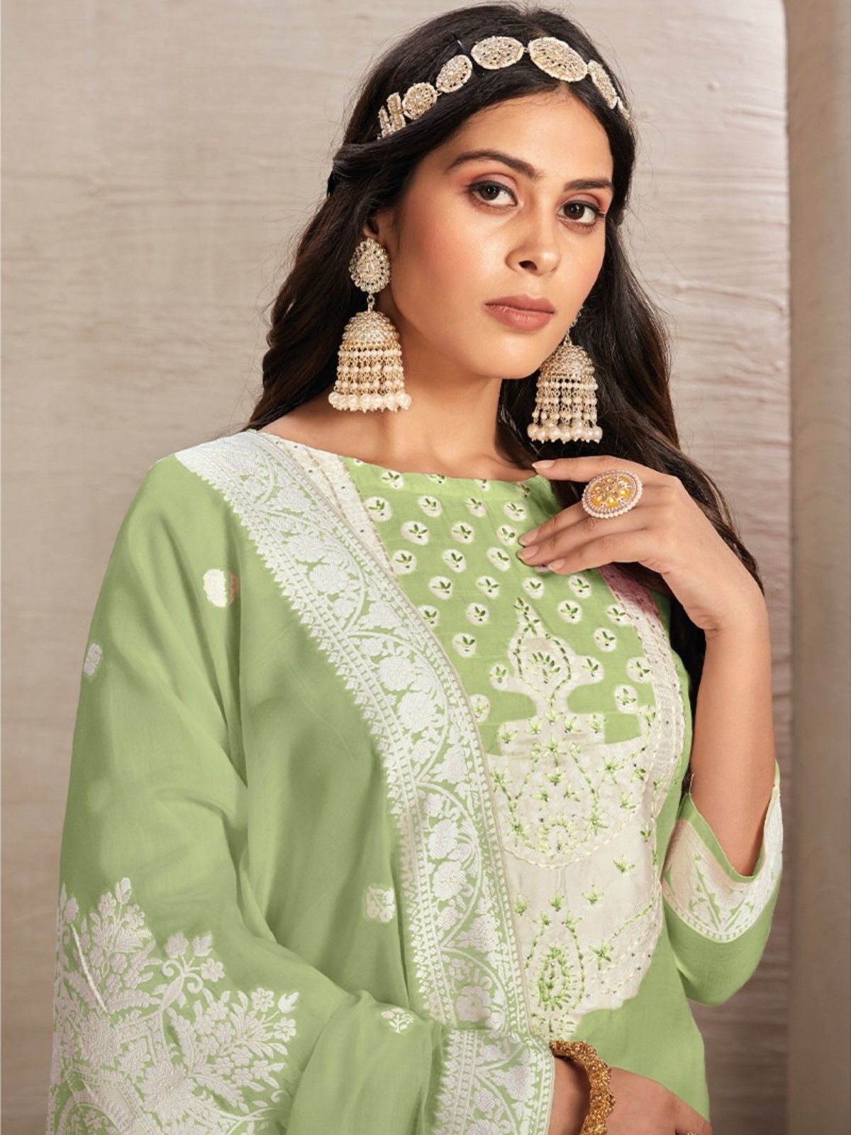 Odette Green Organza Embroidered Semi-Stitched Kurta Set For Women