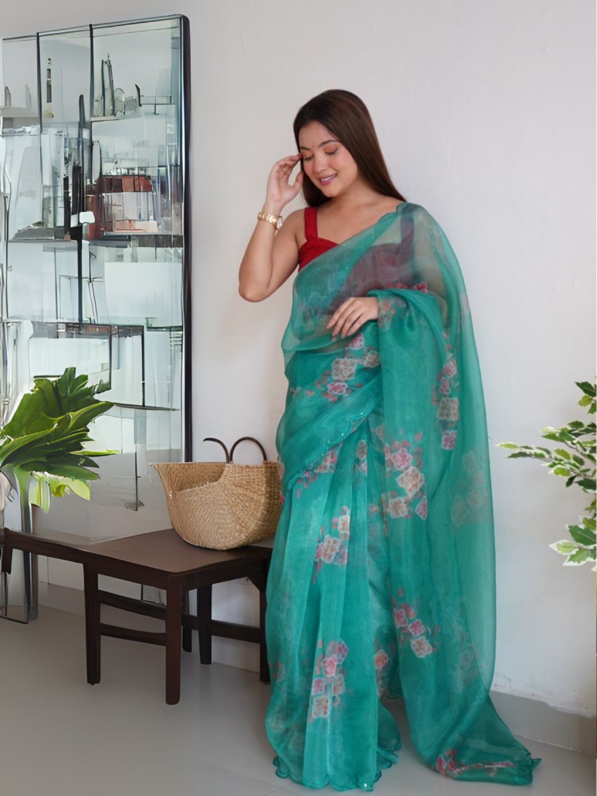 Odette Green Organza Printed Saree With Unstitched Blouse For Women