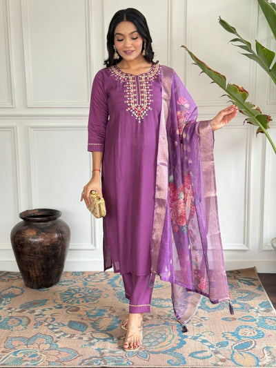 Odette Purple Viscose chanderi Embroidered Stitched Kurta Set For Women