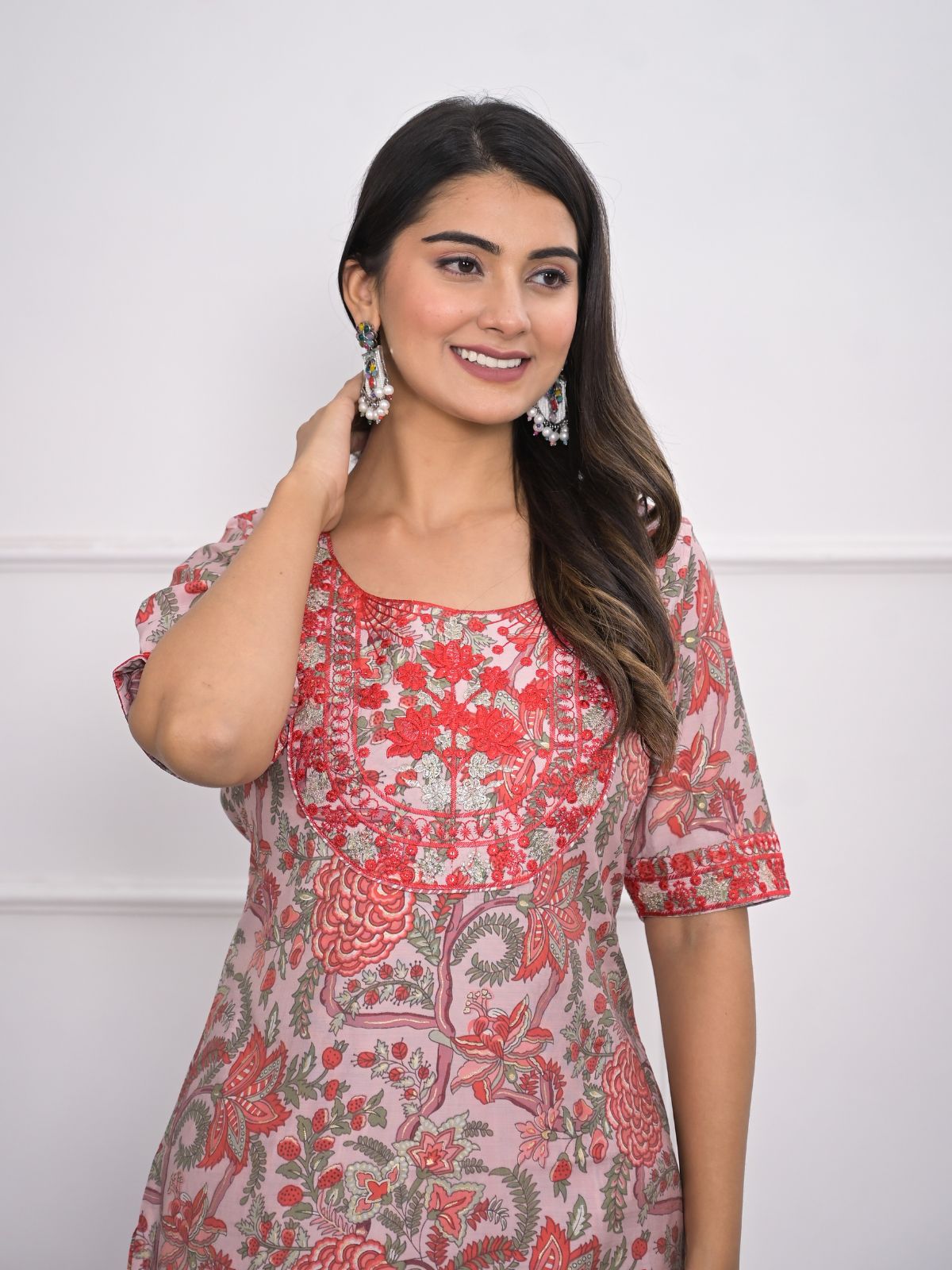 Odette Pink Chanderi Embroidered And Printed Stitched Kurta Set Without Dupatta For Women