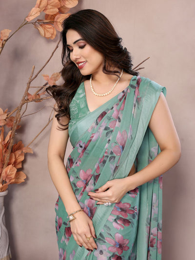 Odette Teal Satin Printed Saree With Unstitched Blouse For Women