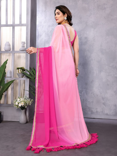 Odette Pink Georgette Lace Work Saree With Unstitched Blouse For Women