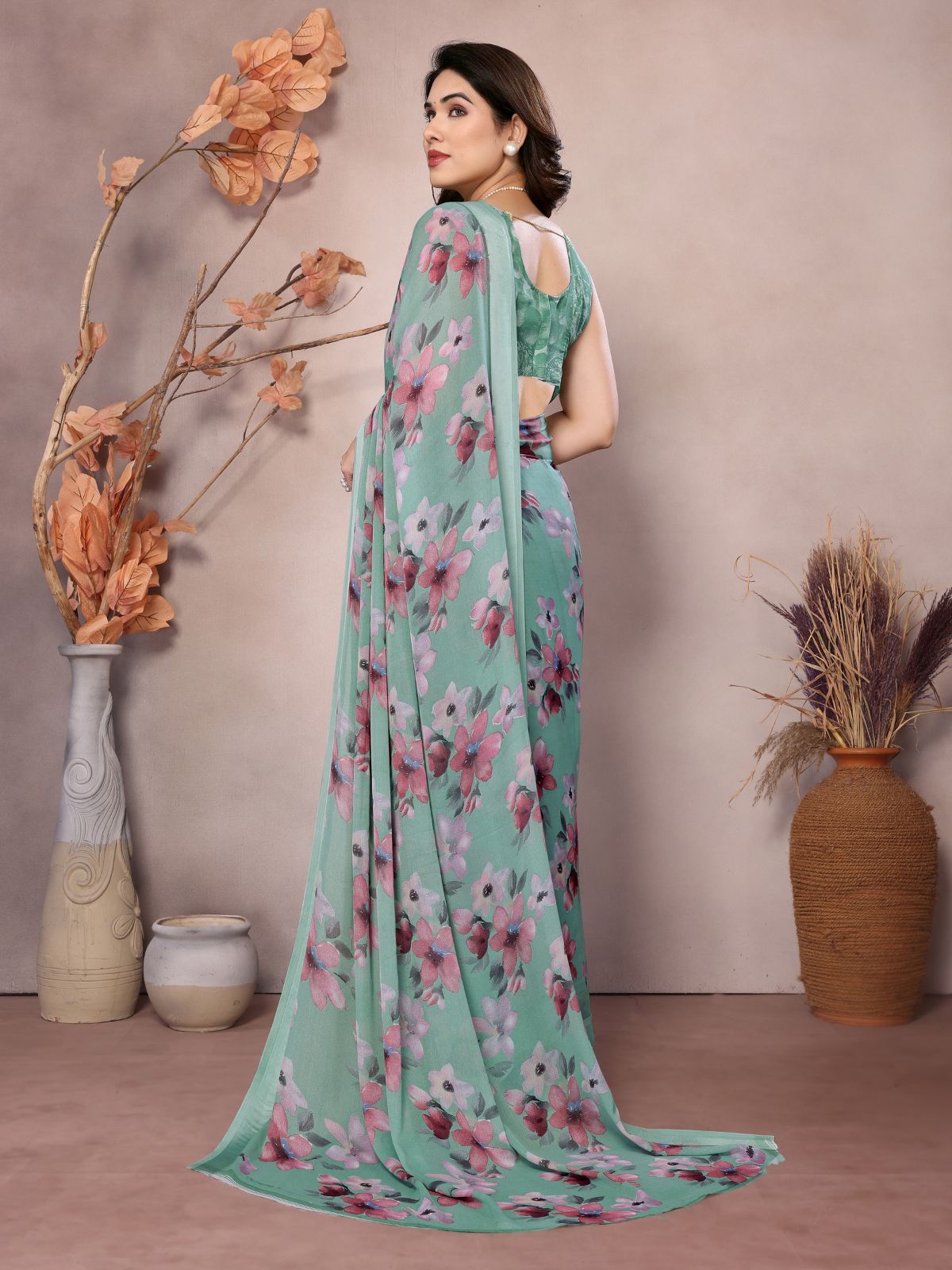 Odette Teal Satin Printed Saree With Unstitched Blouse For Women