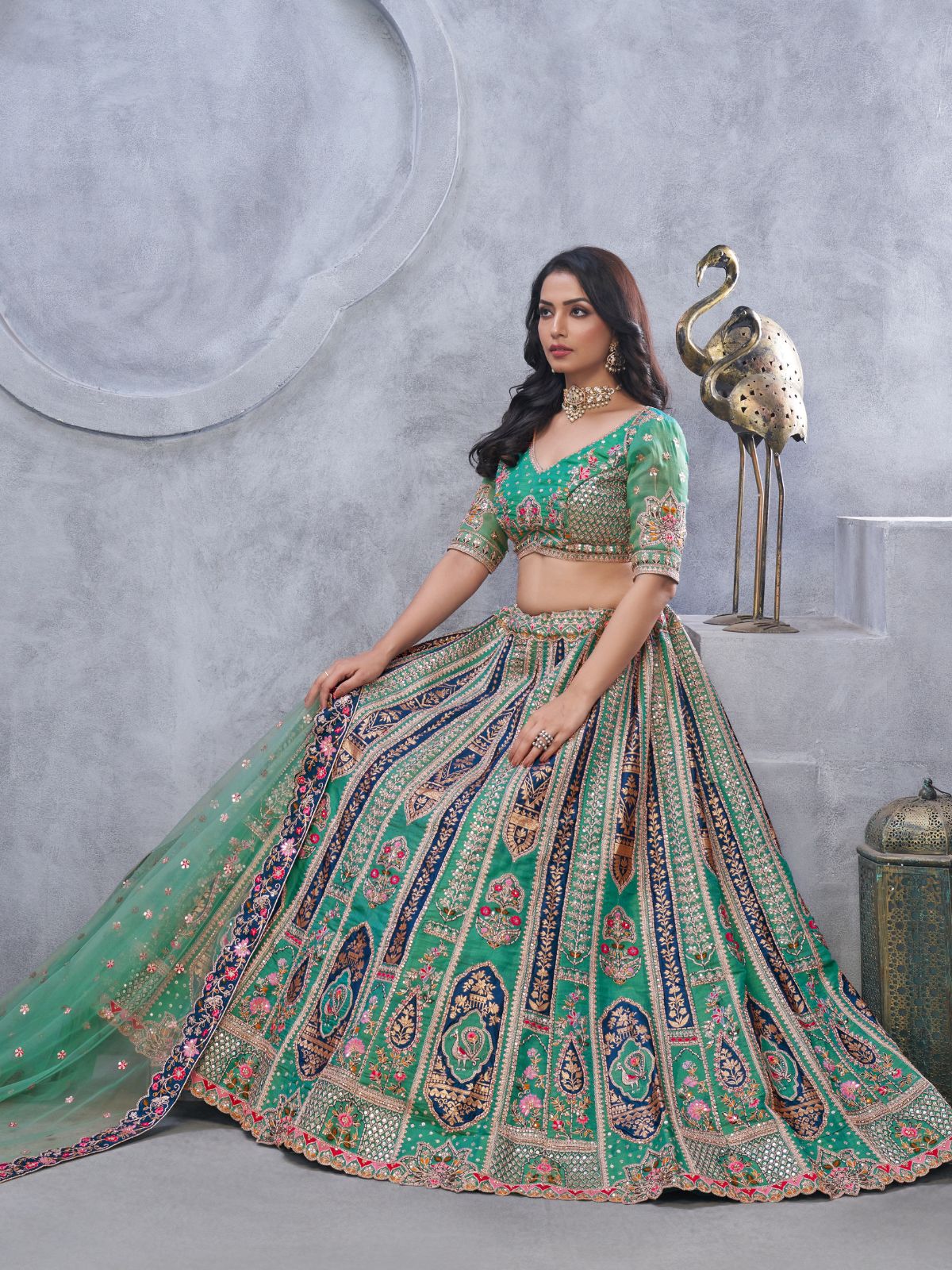 Odette Green Organza Embellished Semi-Stitched Lehenga With Unstitched Blouse For Women