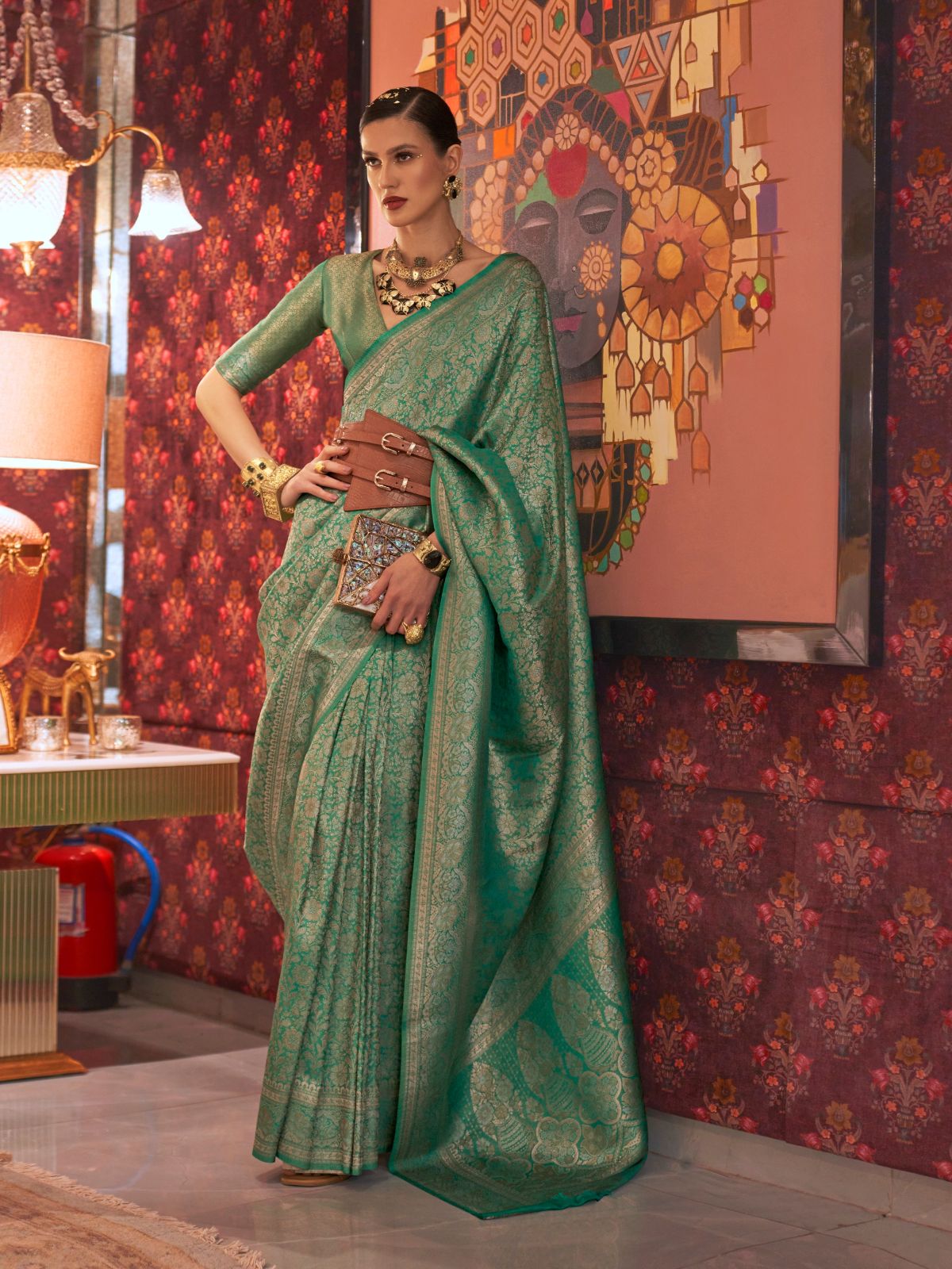 Odette Green Silk Blend Woven Saree With Unstitched Blouse For Women