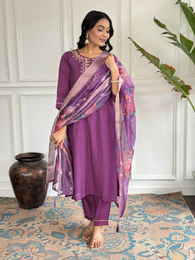 Odette Purple Viscose chanderi Embroidered Stitched Kurta Set For Women