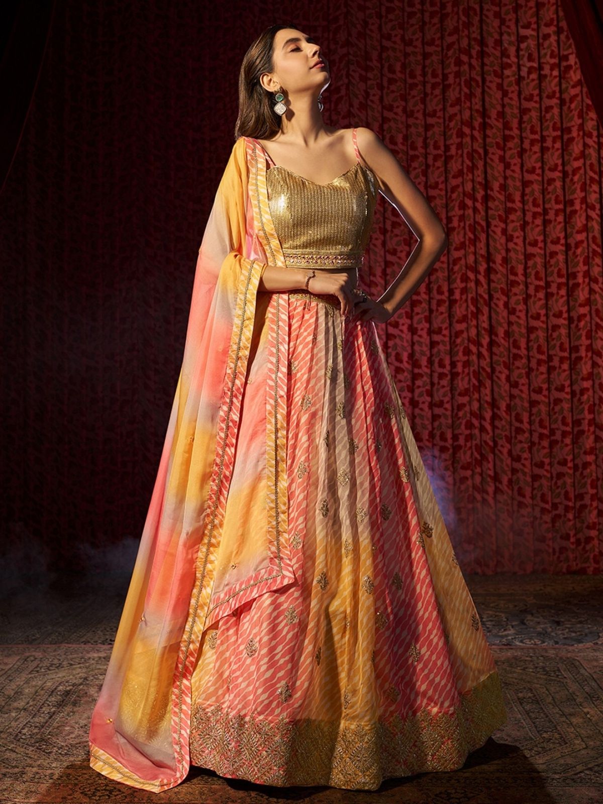 Odette Multicolor Organza Embroidered Semi-Stitched Lehenga For Women