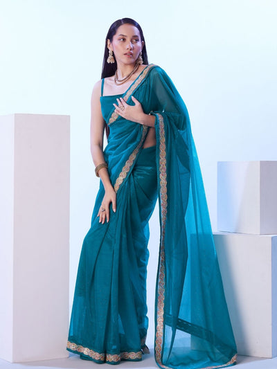 Odette Blue Net Embellished Lace Work Saree With Unstitched Blouse For Women