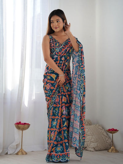 Odette Navy Blue Chinon Printed Saree With Unstitched Blouse For Women