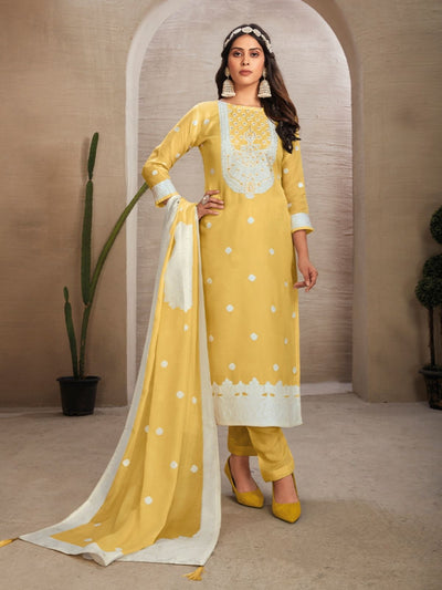 Odette Yellow Organza Embroidered Semi-Stitched Kurta Set For Women