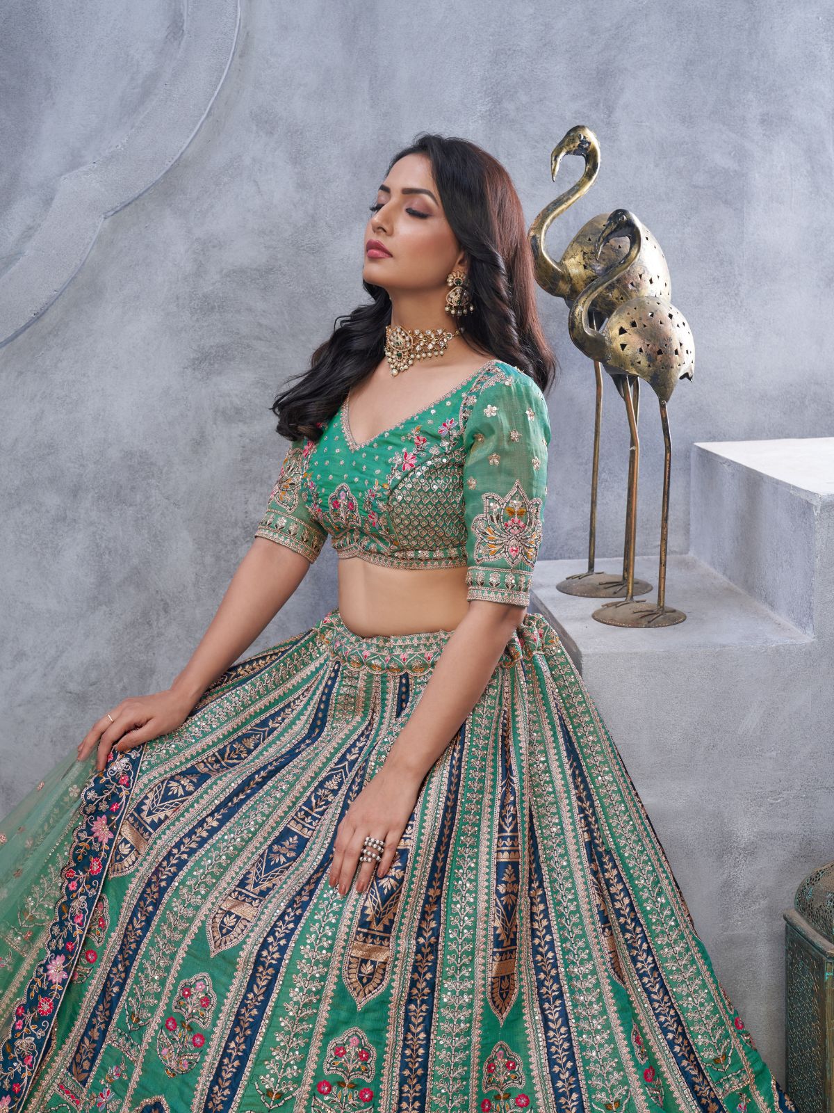 Odette Green Organza Embellished Semi-Stitched Lehenga With Unstitched Blouse For Women