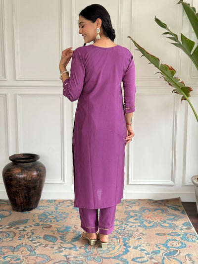 Odette Purple Viscose chanderi Embroidered Stitched Kurta Set For Women