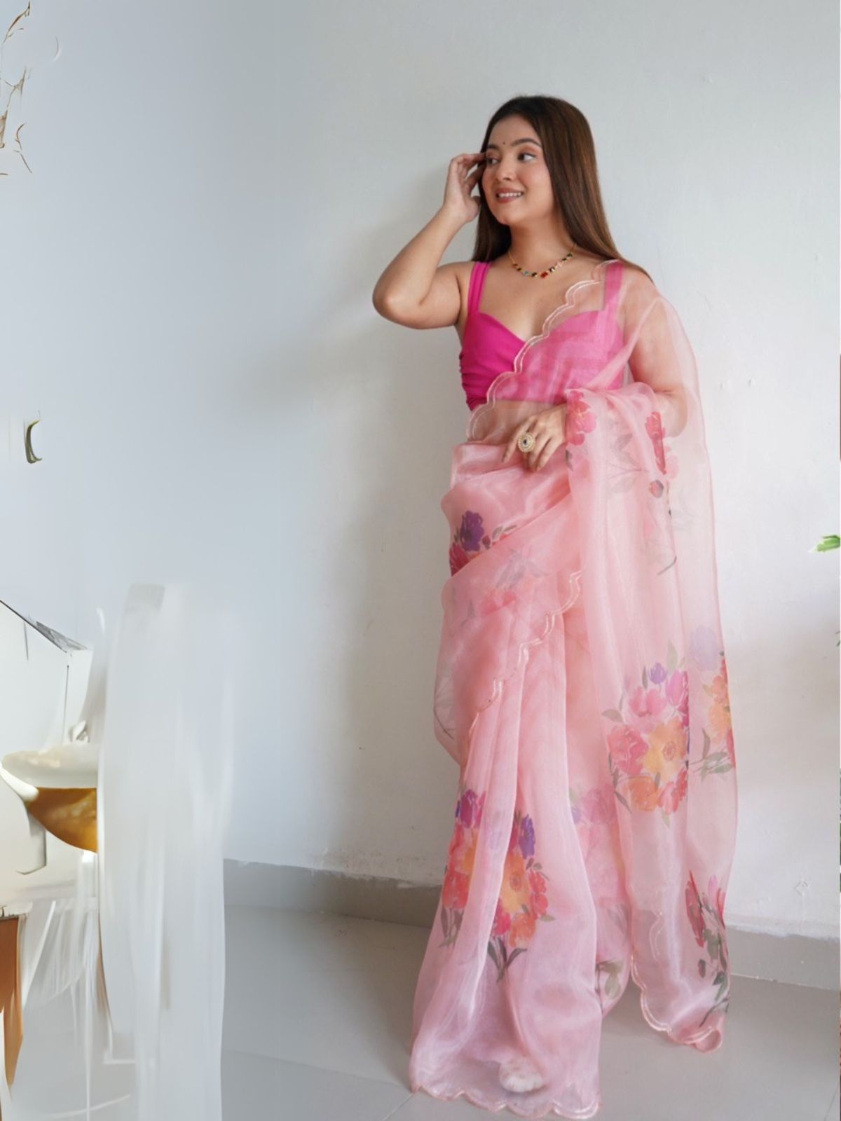 Odette Light Pink Organza Printed Saree With Unstitched Blouse For Women