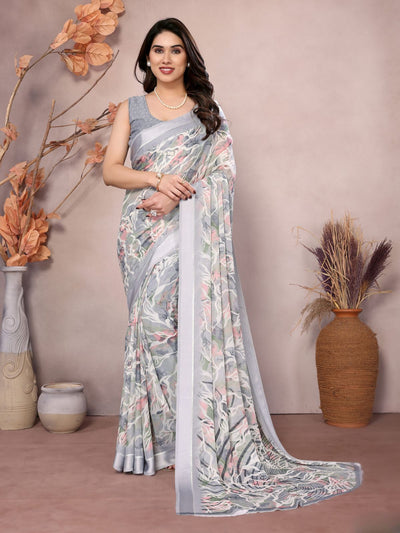 Odette Grey Satin Printed Saree With Unstitched Blouse For Women