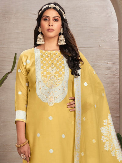 Odette Yellow Organza Embroidered Semi-Stitched Kurta Set For Women