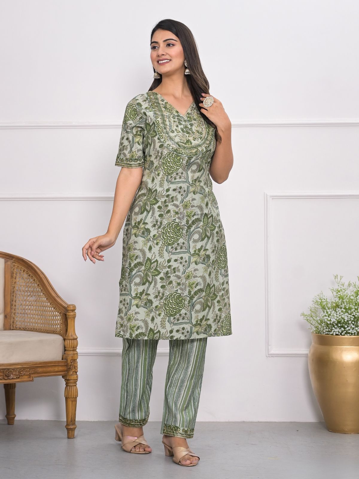 Odette Green Chanderi Embroidered And Printed Stitched Kurta Set Without Dupatta For Women