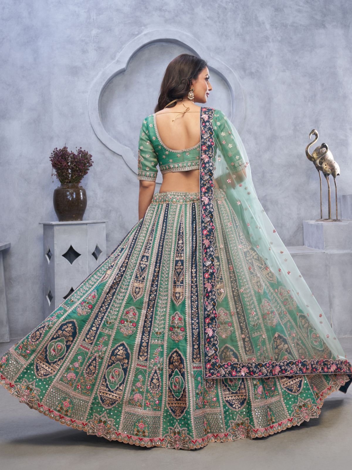 Odette Green Organza Embellished Semi-Stitched Lehenga With Unstitched Blouse For Women