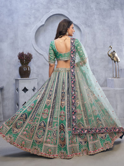 Odette Green Organza Embellished Semi-Stitched Lehenga With Unstitched Blouse For Women