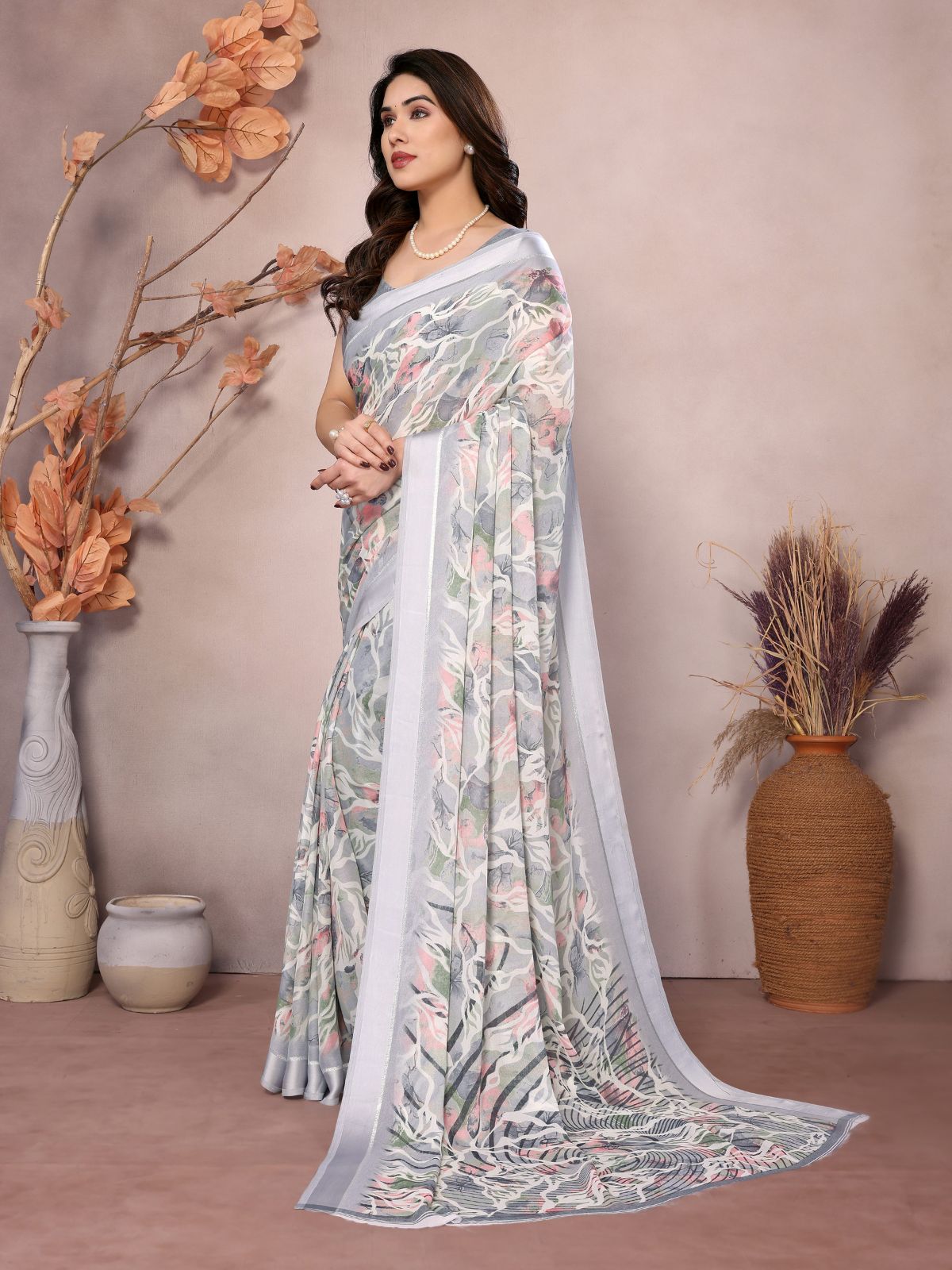 Odette Grey Satin Printed Saree With Unstitched Blouse For Women