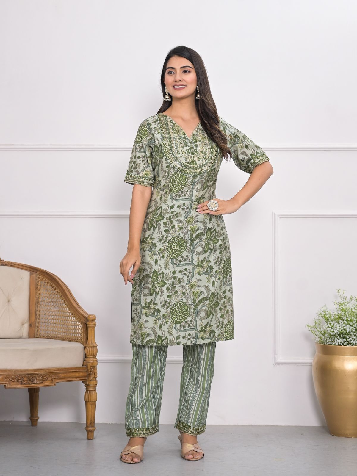 Odette Green Chanderi Embroidered And Printed Stitched Kurta Set Without Dupatta For Women