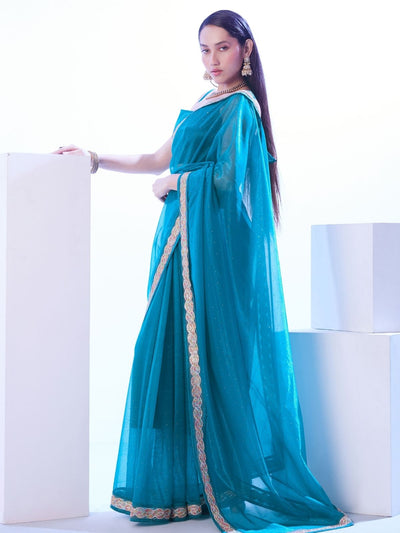 Odette Blue Net Embellished Lace Work Saree With Unstitched Blouse For Women