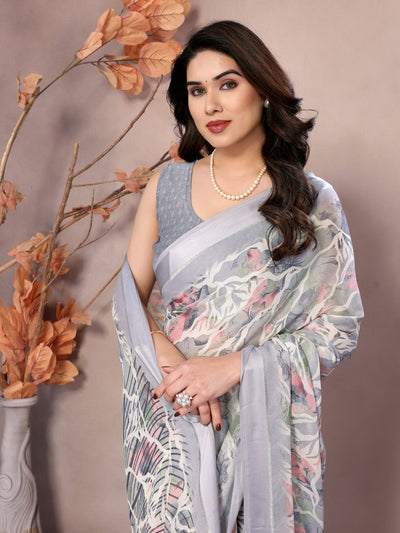 Odette Grey Satin Printed Saree With Unstitched Blouse For Women