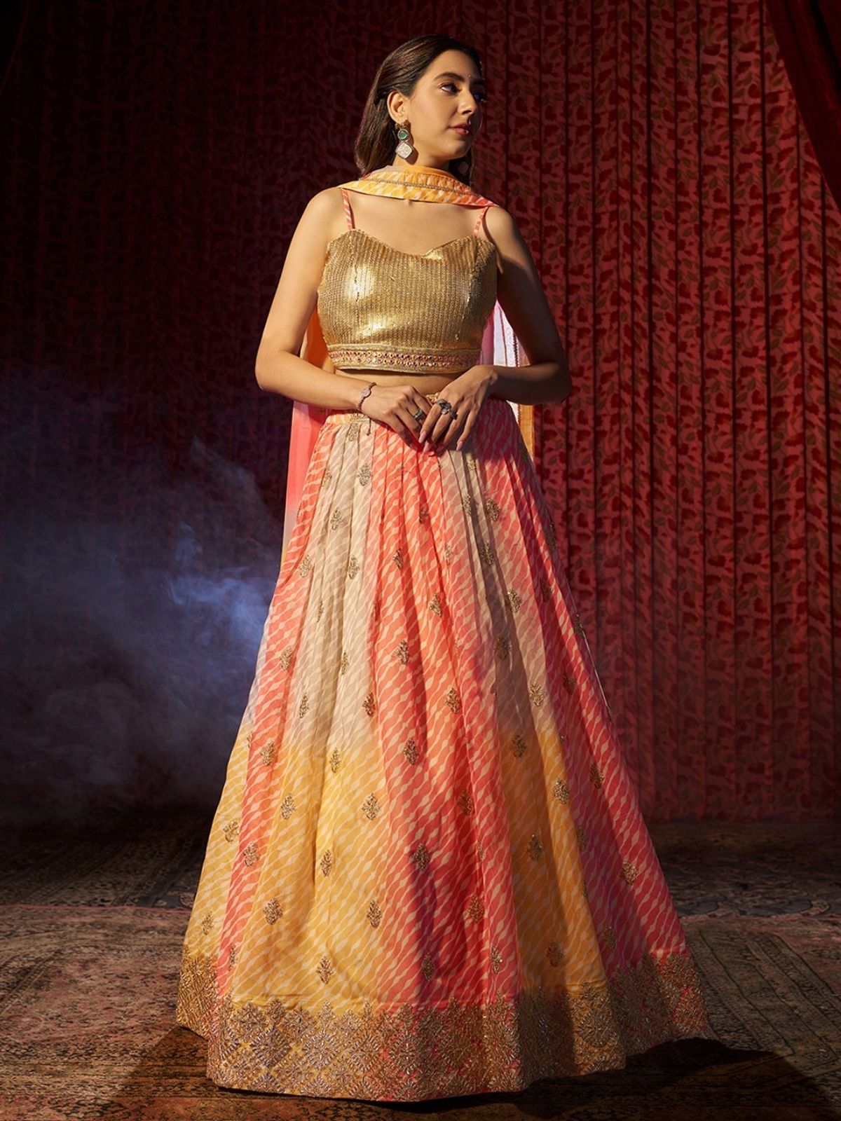 Odette Multicolor Organza Embroidered Semi-Stitched Lehenga For Women