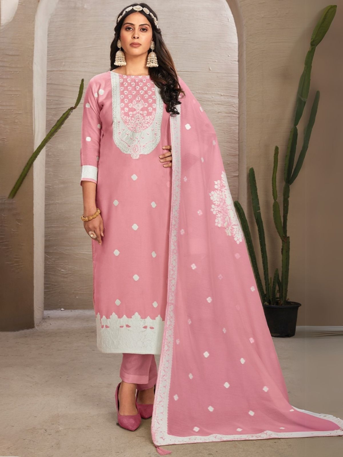 Odette Pink Organza Embroidered Semi-Stitched Kurta Set For Women