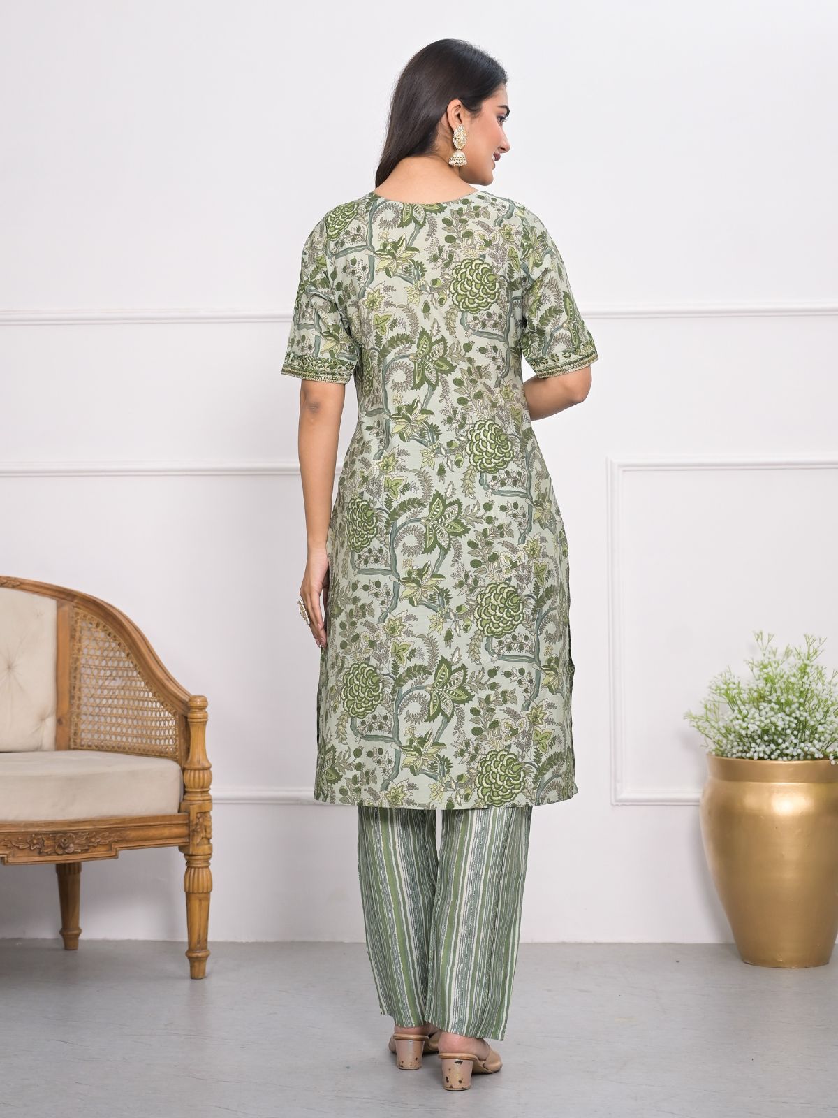 Odette Green Chanderi Embroidered And Printed Stitched Kurta Set Without Dupatta For Women