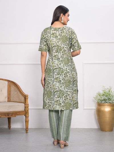 Odette Green Chanderi Embroidered And Printed Stitched Kurta Set Without Dupatta For Women