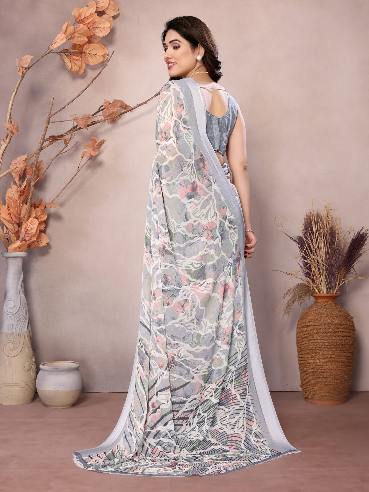 Odette Grey Satin Printed Saree With Unstitched Blouse For Women